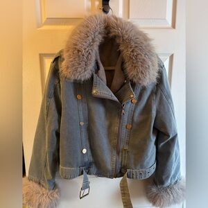Denim and faux fur bomber jacket